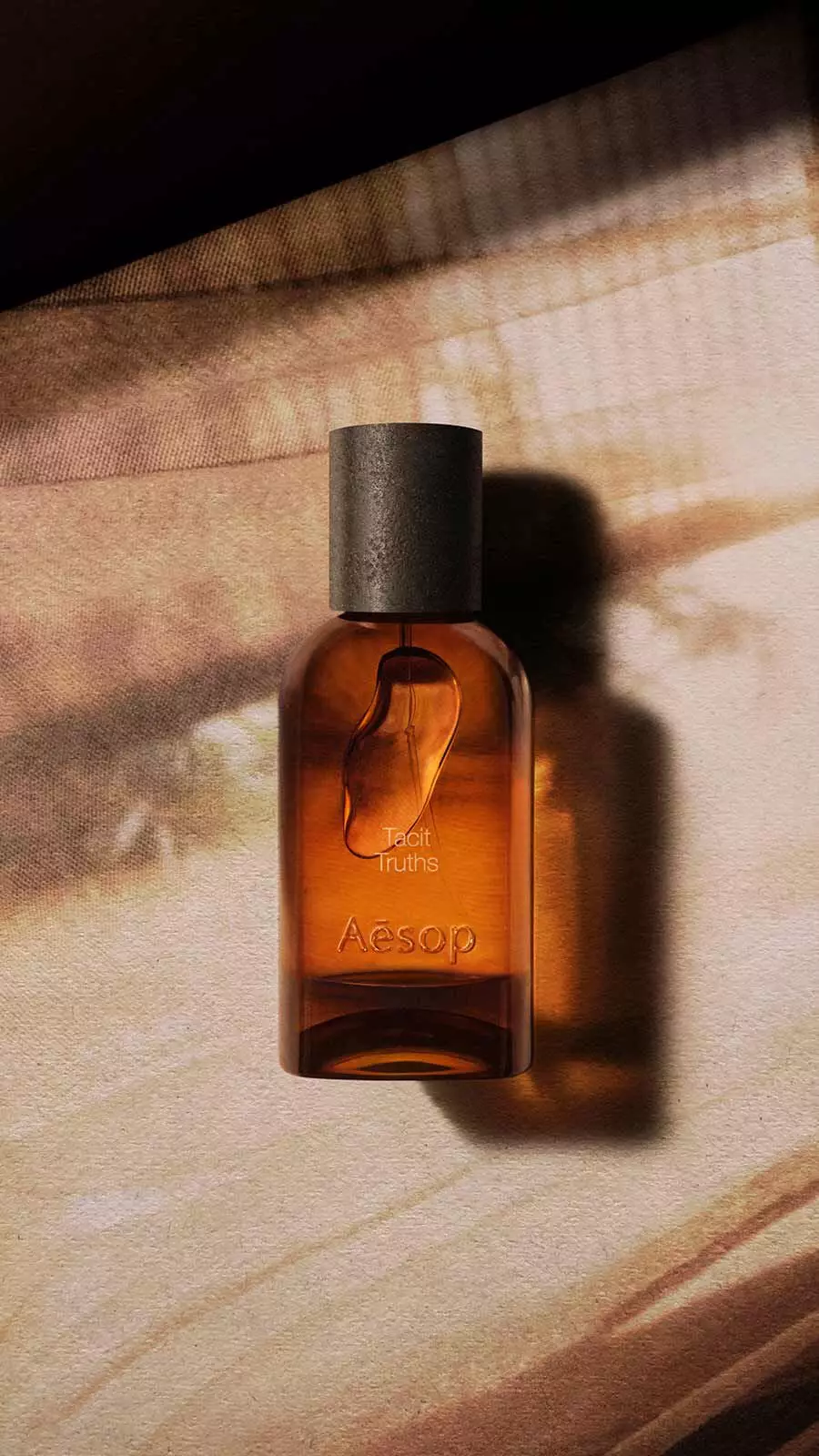 Aesop Tacit Truths Eau de Parfum bottle with black cap on a pale warm wooden surface with warm light and shadow stripes.