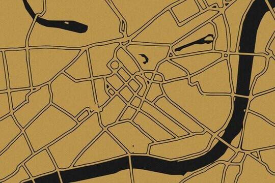 Illustration de carte urbaine minimaliste avec lignes noires sur fond or