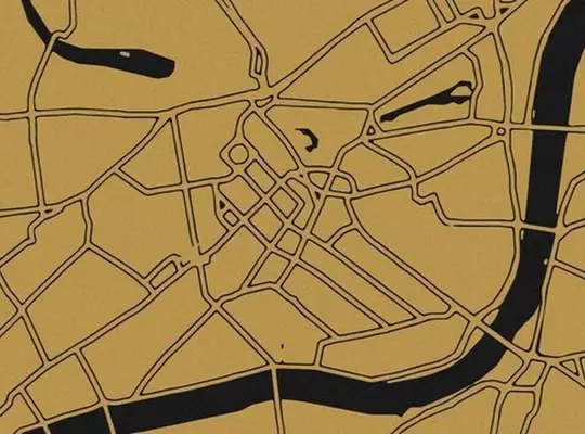 Minimalist urban map illustration with black lines on a gold background