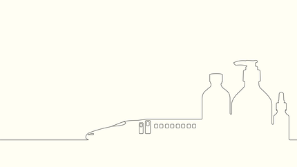 Minimalist line art of Aesop bottles and a tram