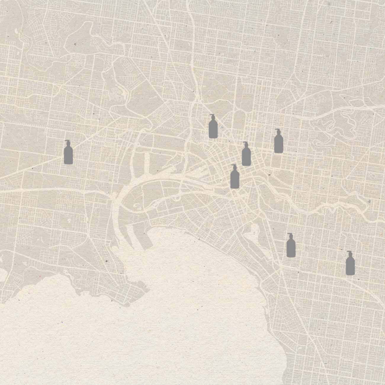 City map with Aesop bottles as location markers