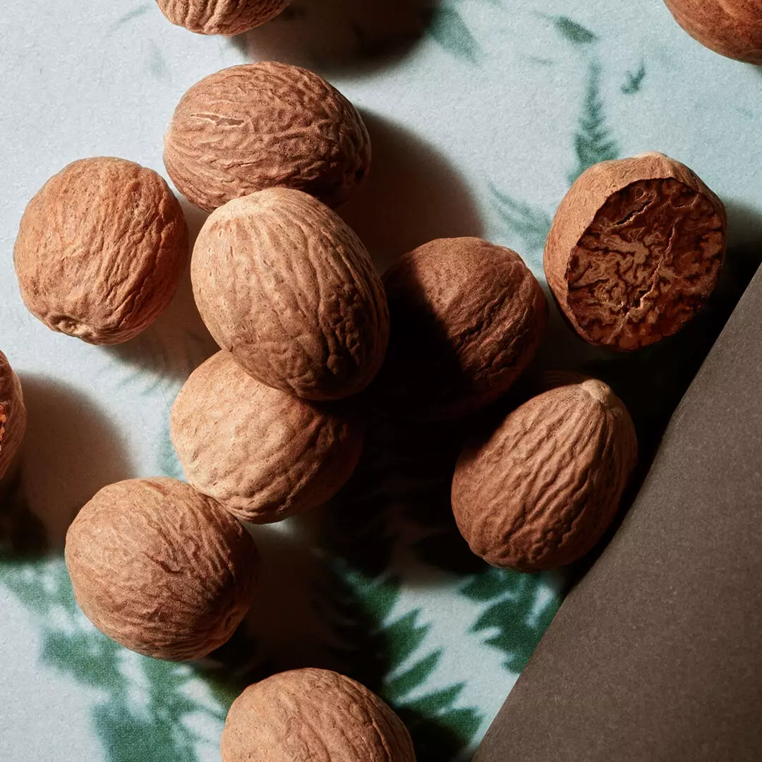 Whole and halved nutmegs are scattered across a green fern print in an open book, casting dark shadows.