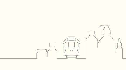 Minimalist line art of Aesop bottles and a tram