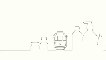 Minimalist line art of Aesop bottles and a tram