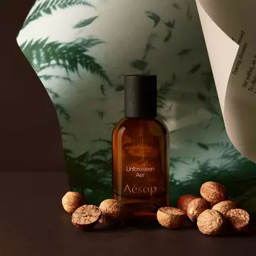 Aesop Unforeseen Aer bottle with whole nutmegs and curved paper.