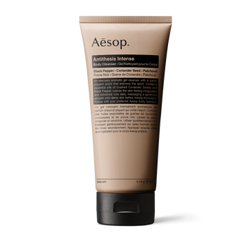 Aesop Antithesis Intense Body Cleanser tube on a light background.