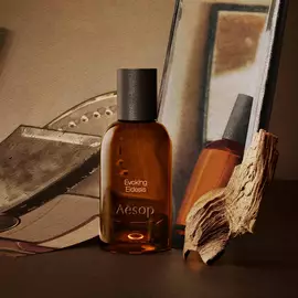 Aesop Evoking Eidesis bottle with a tube and piece of wood on mirrored trays.